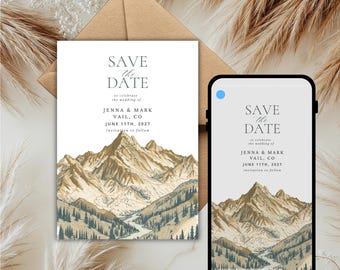 Plantilla para guardar la fecha en la montaña, anuncio de boda en Vail, Colorado, invitación rústica alpina editable en Canva