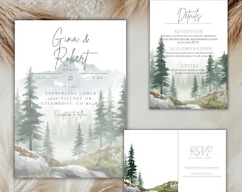 May include: Wedding invitation suite featuring a watercolor landscape with pine trees and mountains. The invitation includes the names "Gina & Robert", event details, and RSVP information. The color palette is soft with green and gray tones.