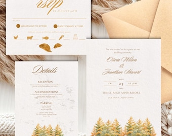 Invitaciones de boda con álamo temblón otoñal, diseño rústico de montaña (plantilla editable de Canva)