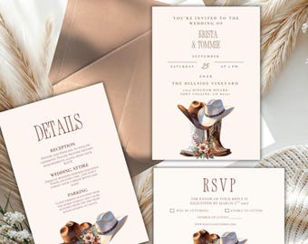 May include: Wedding invitation suite with a rustic theme. The set includes an invitation, RSVP card, and details card, all featuring cowboy boots, hats, and floral accents. The invitation is for Krista & Tommie, September 25, 2026.