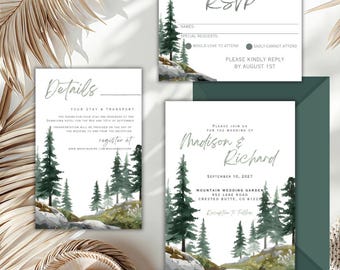 Invitación de boda en la montaña, invitación a un bosque de pinos, boda en plena naturaleza, plantilla editable de Canva