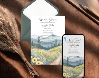 Invitación para despedida de soltera en la montaña, invitación para despedida de soltera en un prado de flores silvestres, plantilla editable para despedida de soltera, invitación imprimible para despedida de soltera en Colorado