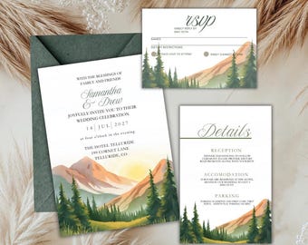 Invitaciones de boda con diseño de montaña en acuarela (plantilla editable de Canva)