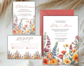 Conjunto de invitaciones de boda con flores silvestres en acuarela, plantilla de jardín rústico (Canva)