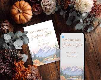 Reserva la fecha en acuarela de montaña, boda de otoño, Parque Nacional Glaciar (imprimible + invitación telefónica)