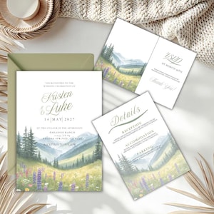 watercolor mountain wildflower wedding invitation suite