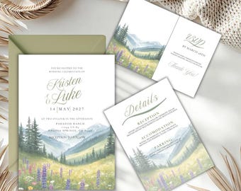 Conjunto de invitaciones de boda con flores silvestres de montaña en acuarela