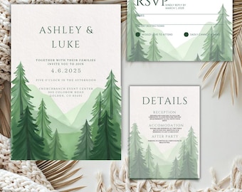 Conjunto de invitaciones de boda con diseño de pino de montaña y acuarela de bosque verde.