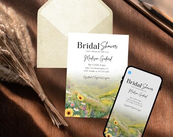 Plantilla de invitación para despedida de soltera, invitación con diseño de prado de flores silvestres, plantilla editable de Canva para despedida de soltera, invitación rústica para despedida de soltera