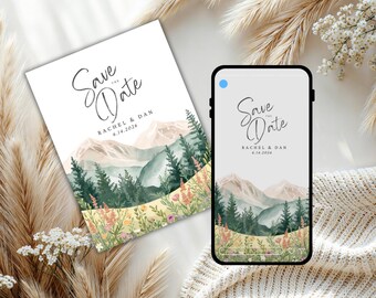 Plantilla para guardar la fecha en la montaña, invitación de boda editable en Colorado, plantilla para guardar la fecha en acuarela de flores silvestres de Canva, boda rústica al aire libre.