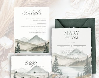 Conjunto de invitaciones de boda de montaña, bosque de pinos en acuarela, editable en Canva (digital)