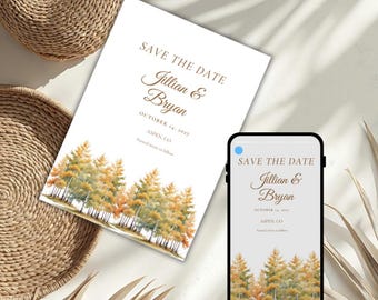 Plantilla para guardar la fecha de boda en otoño en Aspen, invitación imprimible y digital (Canva)