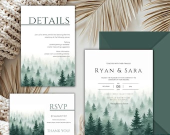 Plantilla de Canva para invitaciones de boda con diseño de bosque, pino verde (digital)