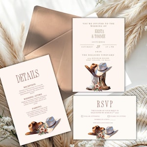 Zestaw zaproszeń ślubnych w stylu western, rustykalne kowbojskie buty i kapelusz