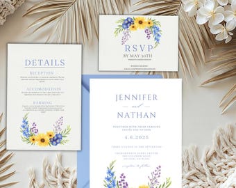 Invitación de boda con girasoles silvestres (plantilla editable de Canva)