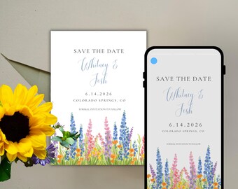 Plantilla de flores silvestres para guardar la fecha, invitación de boda de primavera (Canva, imprimible y digital)