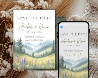 Reserva la fecha en las montañas de Colorado, pradera de flores silvestres, invitación digital para teléfono (plantilla de Canva)