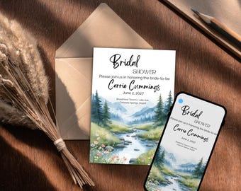 Invitación para despedida de soltera en la montaña, plantilla editable, invitación para despedida de soltera en el lago Colorado, invitación imprimible