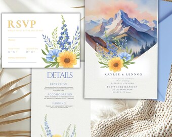 Invitación de boda con flores silvestres de montaña, plantilla editable (Canva)