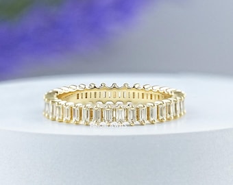 Anello eternity con diamanti sintetici taglio baguette, fede nuziale abbinata con diamanti artificiali, gioielli in oro 14 carati per donna, regalo di fidanzamento per lei