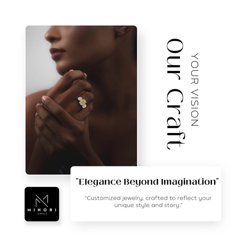 Pu&ograve; includere: Primo piano di una mano femminile con un anello d'oro con tre pietre preziose. L'immagine include il testo "Our Craft" e "Elegance Beyond Imagination". &Egrave; visibile anche il logo di Minori Jewels.