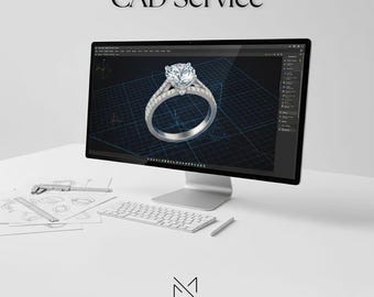 Puede incluir: Un monitor de computadora muestra una representación 3D de un anillo de diamantes, mostrando un servicio de diseño CAD. Un teclado, un lápiz óptico y bocetos de diseño están sobre el escritorio blanco. El texto "CAD Service" está en la parte superior.