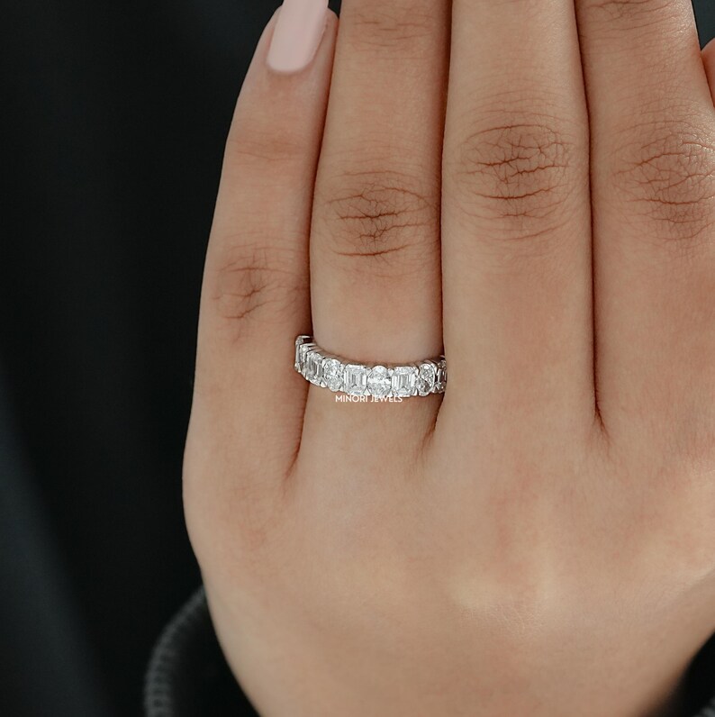 Oval & Emerald Cut Lab Grown Diamond Half Eternity Band, Man Made Diamond Stackable Wedding band, Jewelry For Bride To Be, Bridesmaid Gift
