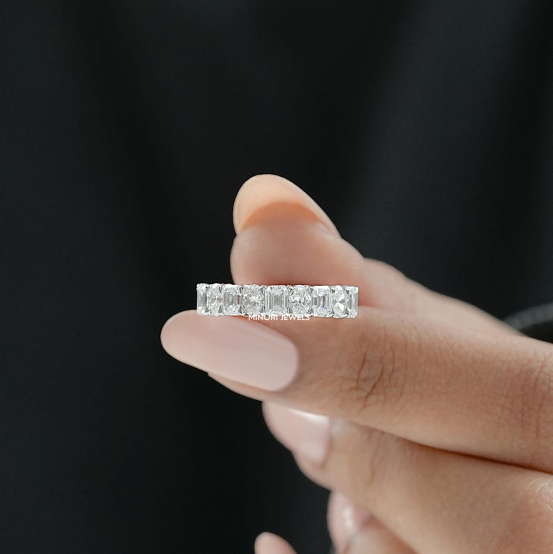 Oval & Emerald Cut Lab Grown Diamond Half Eternity Band, Man Made Diamond Stackable Wedding band, Jewelry For Bride To Be, Bridesmaid Gift