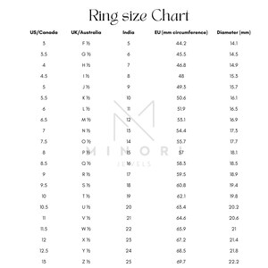Pu&ograve; includere: Una tabella delle misure degli anelli con misure in US/Canada, Regno Unito/Australia, India, UE (circonferenza in mm) e Diametro (mm). La tabella include taglie da 3 a 13, con equivalenti internazionali. Il testo "Ring size Chart" &egrave; in alto.