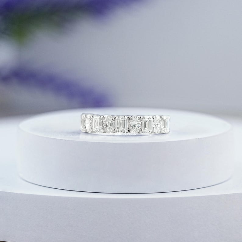 Oval & Emerald Cut Lab Grown Diamond Half Eternity Band, Man Made Diamond Stackable Wedding band, Jewelry For Bride To Be, Bridesmaid Gift