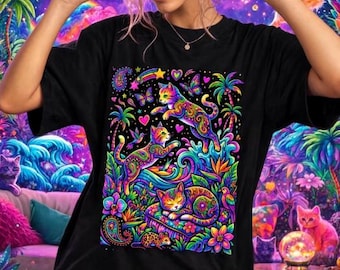 Camiseta de gato psicodélico, camiseta retro de gatito neón de los 90, regalo colorido y psicodélico para amantes de los gatos, camiseta gráfica con estética de jardín tropical caprichosa.
