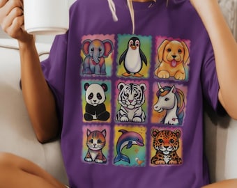 Camiseta arcoíris retro con estampado de animales y estética vibrante inspirada en los años 90