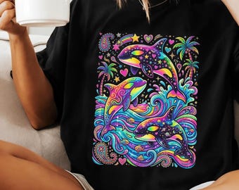 Camiseta de orca psicodélica, camiseta retro de orca neón de los 90, regalo colorido y psicodélico para amantes de las orcas, camiseta gráfica con estética de jardín tropical caprichosa.
