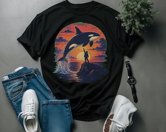 Camiseta vintage de los 90 con estampado de orca al atardecer - Camiseta unisex de corte oversize estilo retro nostálgico