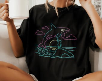 Camiseta gráfica extragrande con orca neón de los 90 - Estilo retro unisex urbano