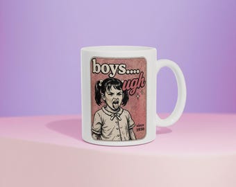 Taza de cerámica estilo cómic vintage "Boys Ugh", taza de café retro divertida y sarcástica, regalo humorístico para tu mejor amiga o hermana.