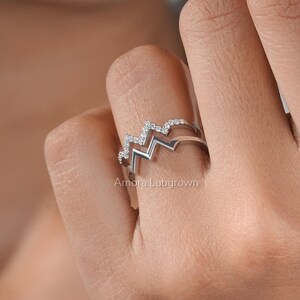 Sterling Silver Chevron Ring | Round Diamond Zigzag Stacking Band