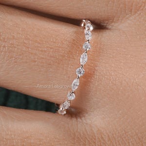 Rose Gold Marquise & Round Diamond Wedding Band – Dainty Vintage-Inspired Stackable Ring | Anniversary Ring | Customizable