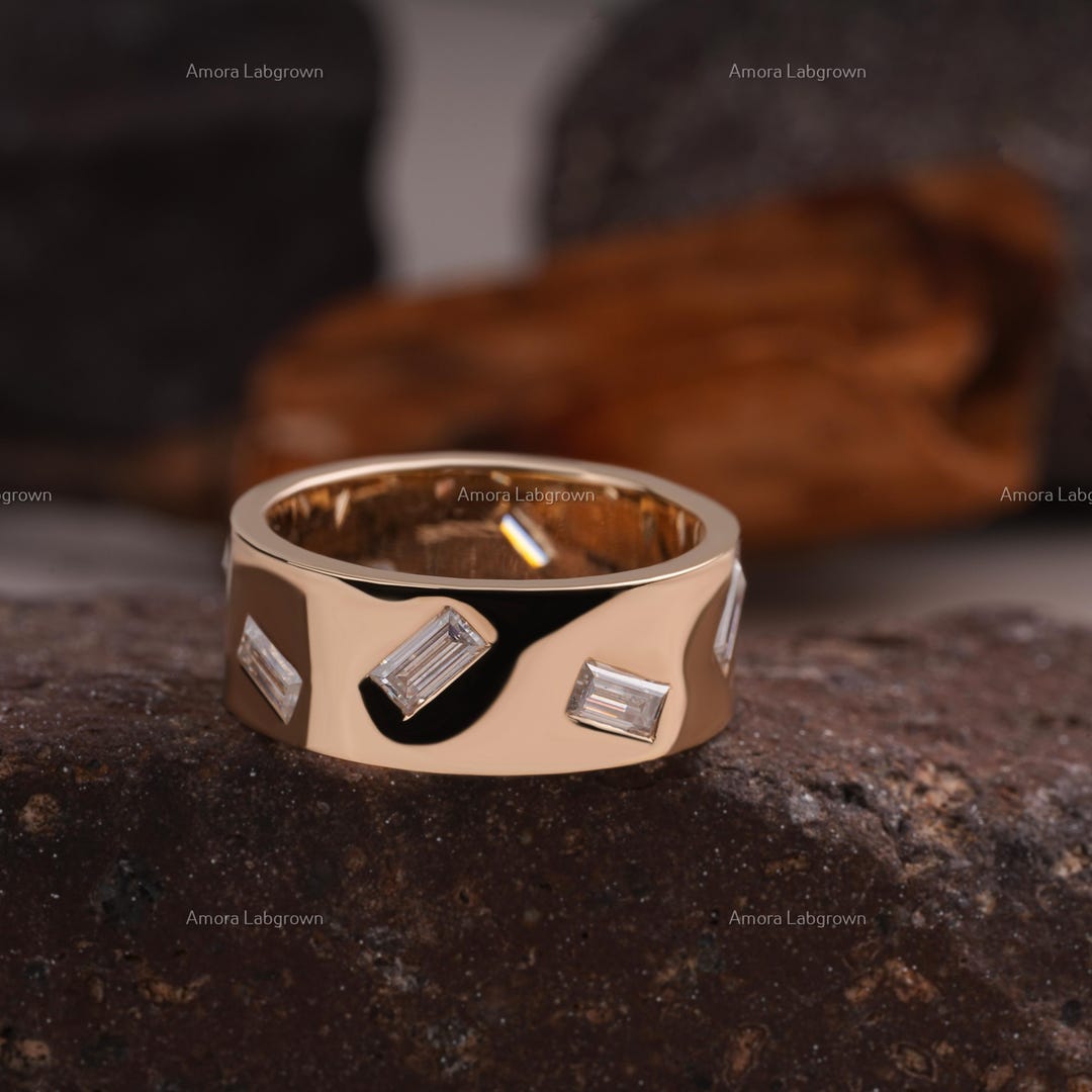 14K Gold Wide Band Ring – Baguette Lab Grown Diamonds, Unisex Wedding ...