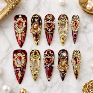 Royal Baroque Press-On Nails with Vintage Angel Portraits and Ruby Hearts