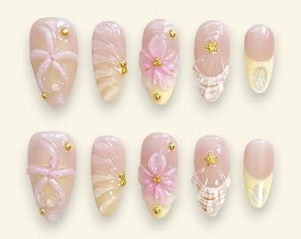 Pink Starfish Drücken Sie auf Nägel mit Muscheldetails und Gelben Spitzen