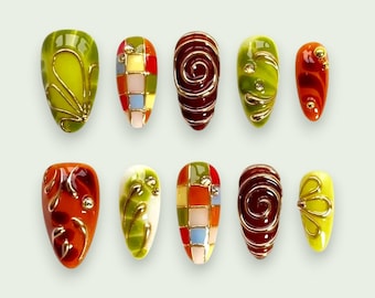 Retro Olive, Press auf Nägel mit Mosaik Kunst und Glossy Swirl Details