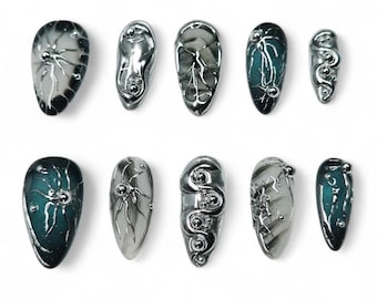 Mystische dunkelblaue Perle Drücken Sie auf die Nägel | 3D Galaxy Mandel False Nails Set