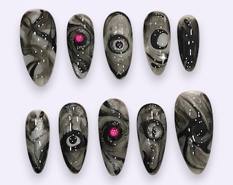 Gothic Black and Gray Press On Nails with Crescent Moon and Surreal Eye Motifs