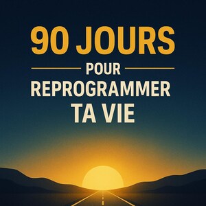 Könnte beinhalten: Buchcover mit dem Titel "90 JOURS POUR REPROGRAMMER TA VIE" in Gelb, vor einer blau-orangen Sonnenuntergangsszene. Der Text "Le plan simple pour passer de l'intention à l'action" ist ebenfalls enthalten.