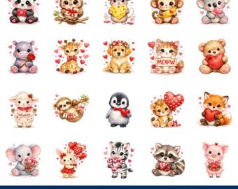 15+ Valentine Baby Animals Watercolor Clipart – Whimsical Graphics (Digital Download)
