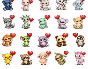 Watercolor Valentine Animals Clipart | Teddy Bear, Bunny, Giraffe (PNG SVG JPG) Commercial Use