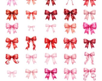Watercolor Bow Clipart Bundle, Red Pink Ribbon Graphics (Digital Download)