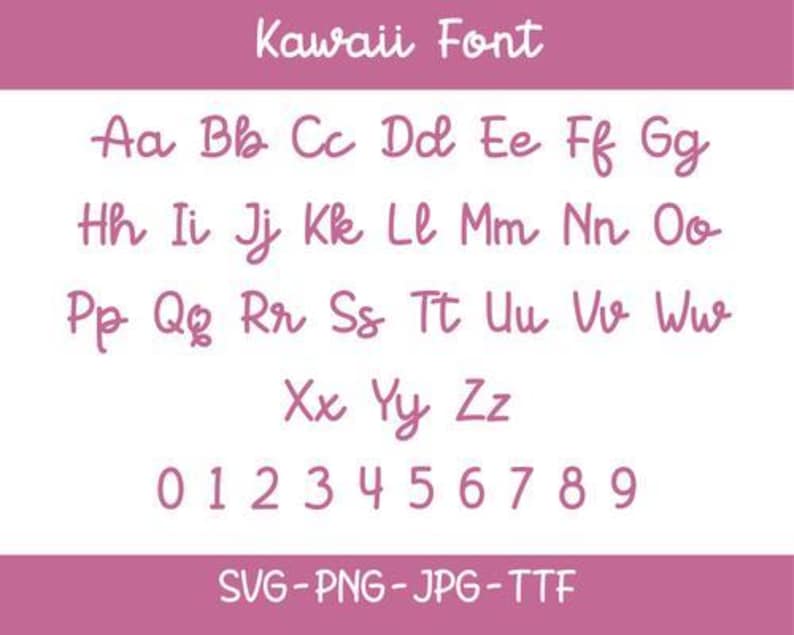 Kawaii cute handwritten font alphabet with uppercase lowercase letters and numbers in pink style, SVG PNG JPG TTF font preview