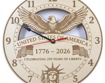Horloge murale en bois 250e anniversaire des États-Unis | 1776-2026 Décoration patriotique | Horloge pygargue à tête blanche | Cadeau en tilleul gravé au laser